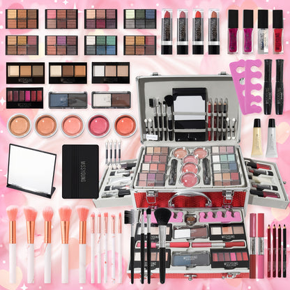 Complete Makeup Kit with Aluminum Travel Case & Mirror - Full Set Eyeshadow Blush Lipstick Foundation Eyeliner Mascara & Brushes - Gift for Women Girls Beginners, Silver & Red