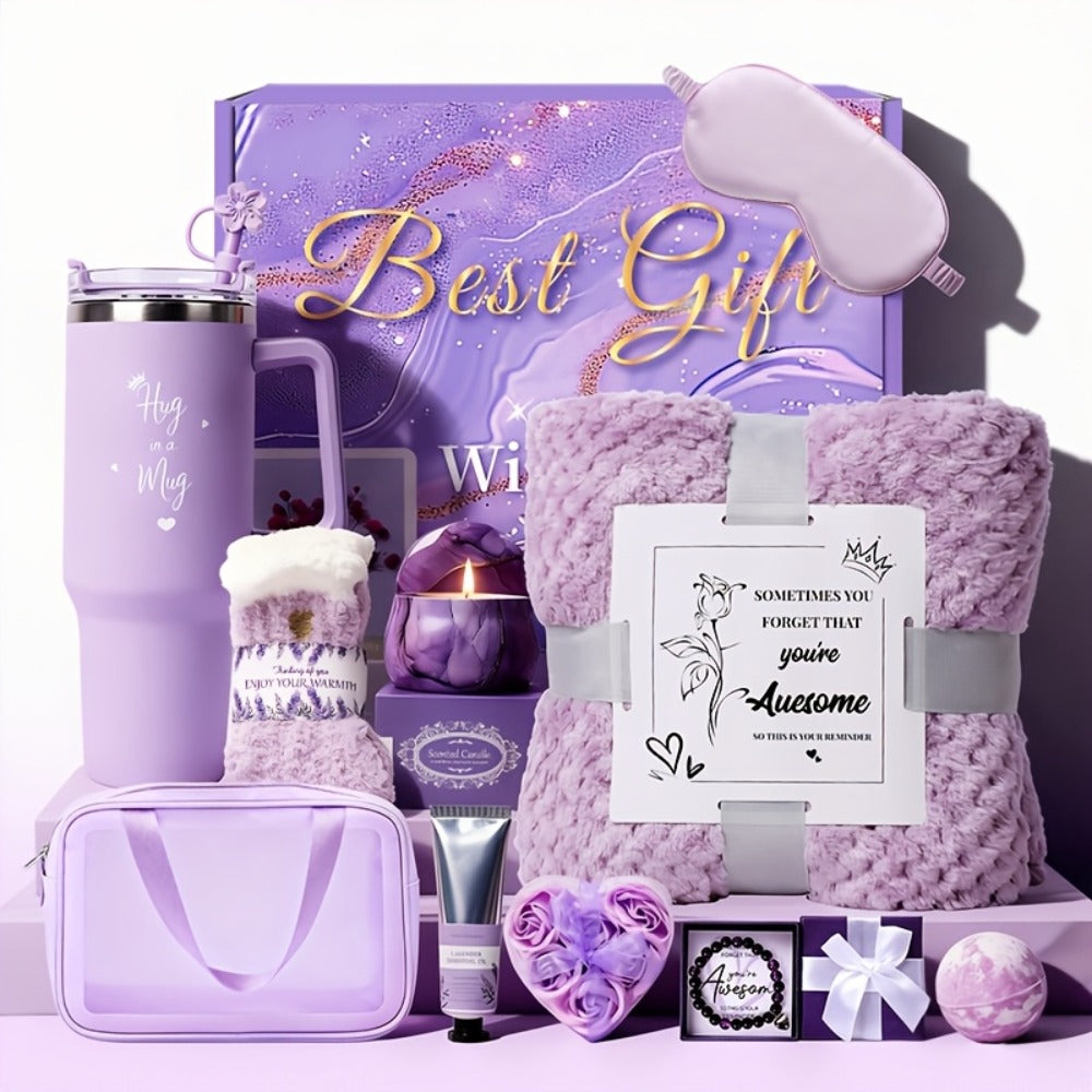 Bath Gift Set with Rose Scented Candles, Dried Flowers, Bath Salt Balls, Water Cups, Eye Masks, Gift Cards, Blankets, Soaps, Socks, Hair Ribbons, Can Be Used As Birthday, Christmas, Mother's Day, Valentine's Day Gifts for Family, Friends