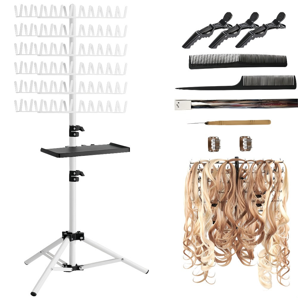Braiding Hair Rack 144 Pegs — Height Adjustable 2-Side Hair Extension Holder Stand with Tray, Foldable Portable Professional Braiding Station for Salon Home Travel