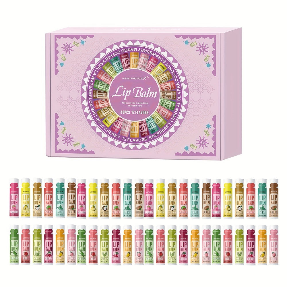 Lip Balm Gift Set 48pcs MISS FACTORX - Moisturizing Lip Butter with Glycerin, Hypoallergenic Natural Finish for All Skin Types, Unisex Adult Lip Care Collection, Valentine's Mother's Day Gift