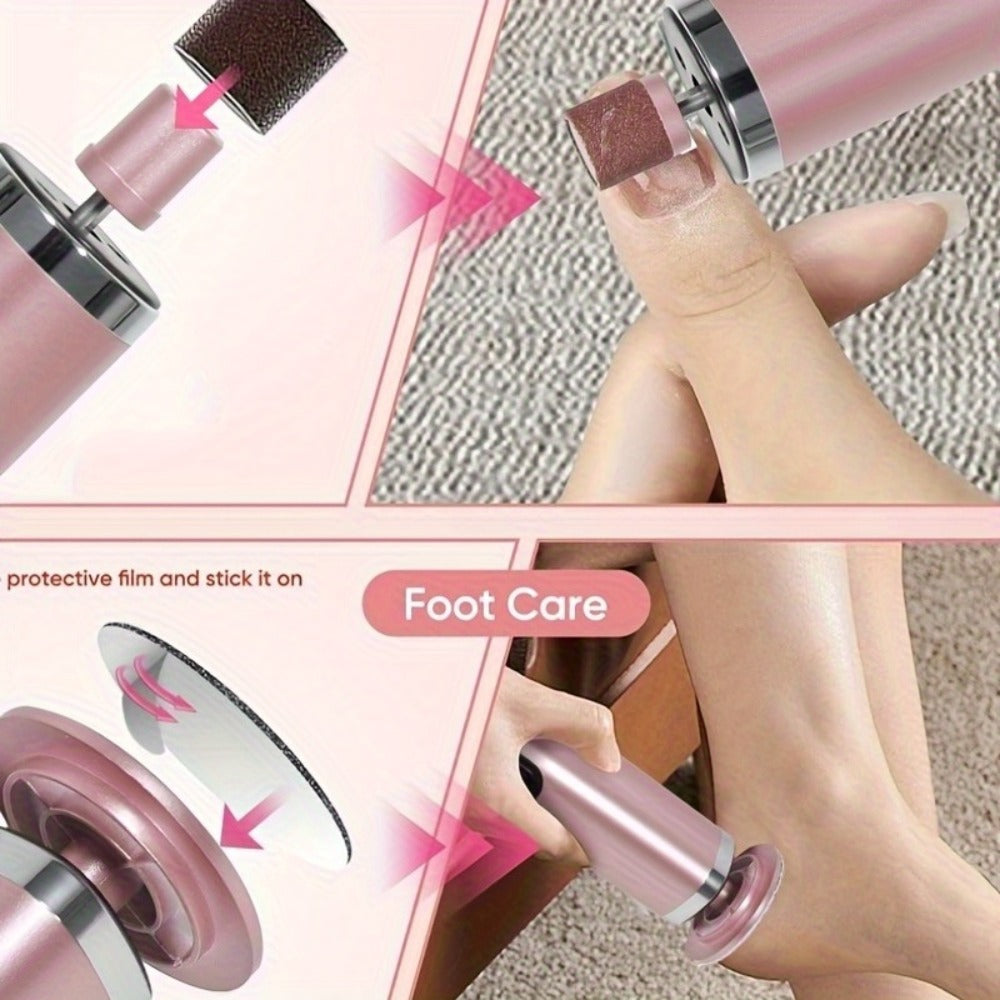 Electric Foot File & Callus Remover - USB Rechargeable 2-in-1 Foot Trimmer with Adjustable Speed, 2 Sanding Heads & 10 Sandpaper Pads, Portable Pedicure Tool for Dry Dead Skin, Pink