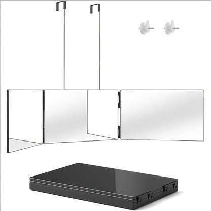 Three-Way Mirror for Haircutting 360° View, Folding Three-Sided Mirror with Height-Adjustable Telescopic Hook, Anti-Fog HD Glass, for Self Hair Cutting Shaving Makeup Hairstyling at Home