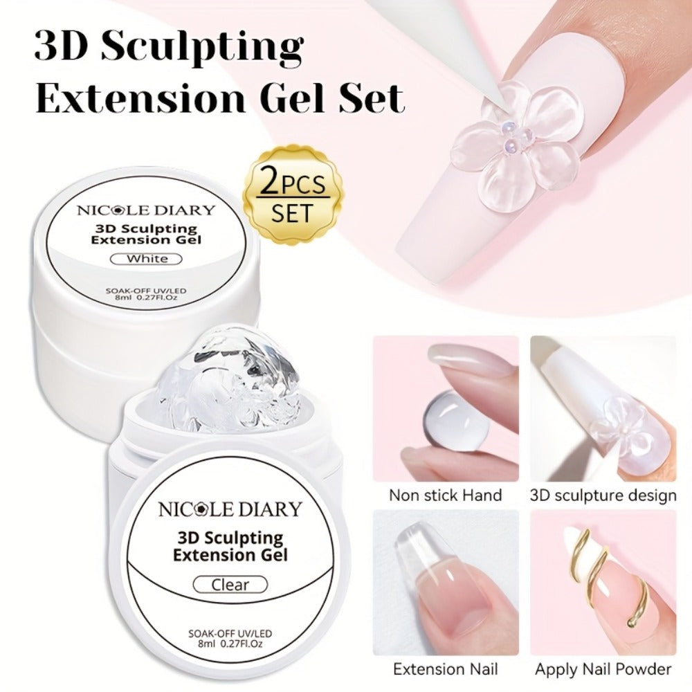 NICOLE DIARY 2pcs/3pcs 3D Carving Nail Gel Polish with Carving Pen White Clear 3D Sculpting Flower Gel Extension Gel Nail Nail Art Carving Gel Modeling Gel Nail Polish Manicure Nail Salon Home Use