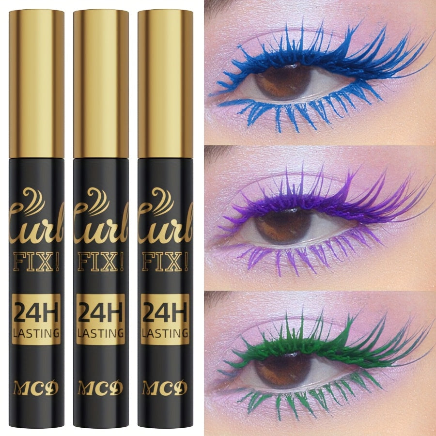 Set of 3 Colorful Mascaras in Bright Shades, Perfect for Everyday Wear, Clubbing, Or Parties. They Are Long, Slim, And Provide a Curled Effect. Includes an Eyebrow Pencil, Eyeshadow Pencil, And Waterproof Eyeliner That Resists Sweat