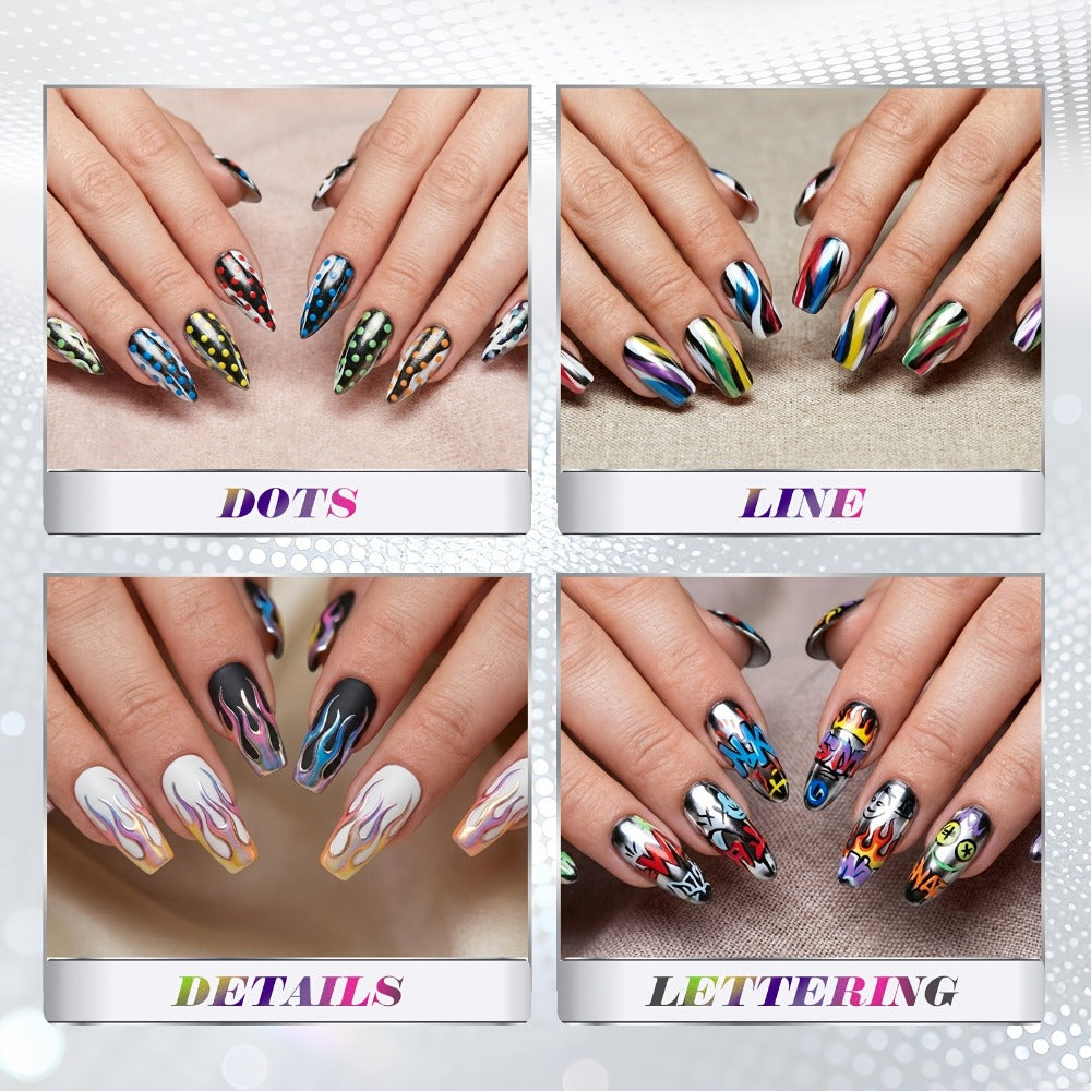 10 Color Metallic Nail Art Pens Set with 12pcs Nail Stickers| Due-Headed 3D Nail Polish Pen| Acrylic Doodle Nail Markers, Nail Paint Dot Stitching Pens, Graffiti Pens for Home Salon Nail Gift Graduation