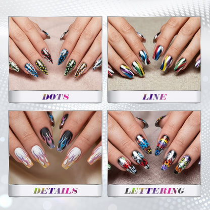 Nail Art Pens Set 10 Colors Metallic with 12pcs Nail Stickers - Dual-Headed 3D Nail Polish Markers Acrylic Doodle Dot Stitching Graffiti Pens for Home Salon Gift