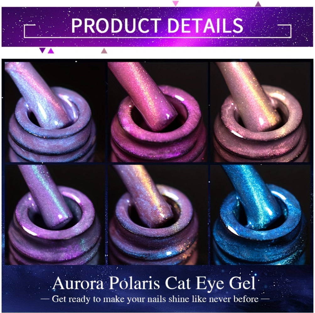 PUENTE 6pcs/set Aurora Shell Thread Cat Magnetic Gel Nail Polish With Magnet Semi-Permanent Nail Art 9D Aurora Glitter Pearl Cat Eye Gel Varnish, Soak Off Light Cured, Manicure Kit For Home Nail Salon Gift For Women