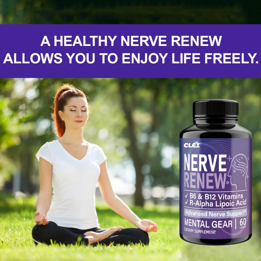 NERVE RENEW CAPSULES. Healthy, Natural. Vitamin B Complex, R-Alpha Lipoic Acid, Sports Health, Neuro Botanical Blend, Antioxidant. Enioy A Healthy Lifestyle And Travel. For Office Workers - 60 Caps