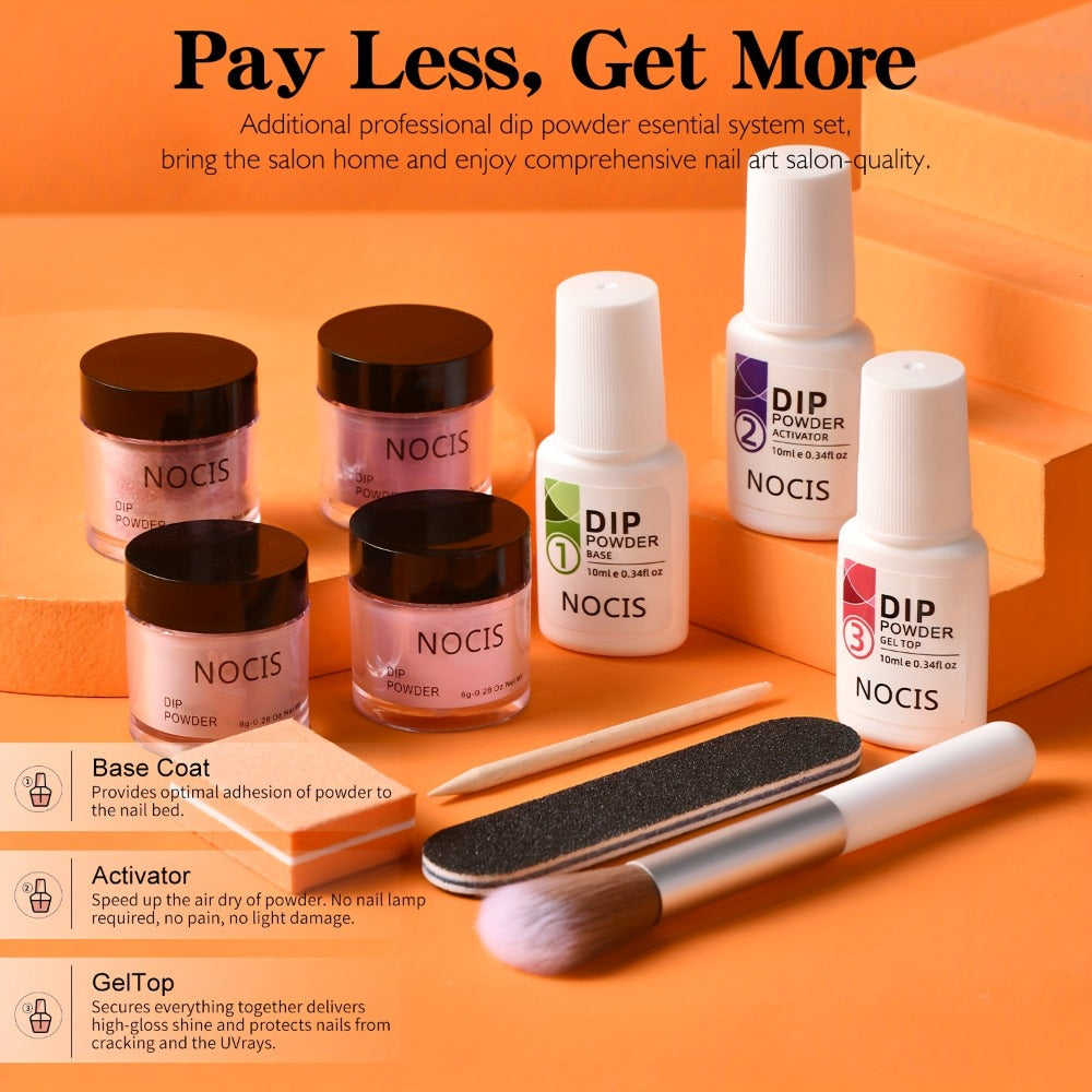 NOCIS Dip Powder Nail Kit Starter, 4 Colors Nude Pinkish Glitters Acrylic Dipping Powder System Liquid Set with Base/Top Coat Activator for French Nail Art Manicure Salon All-in-One Beginner Extension Kit