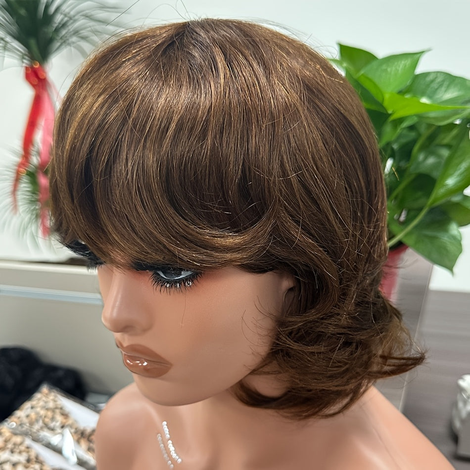 Brazilian Human Hair Wig Suitable for Skin Tones - Short Pixie Cut with Bangs, Glueless Layered Machine-Made Wig, Density & for Daily Wear, Throw-On-and-Go Short Black Hairpiece