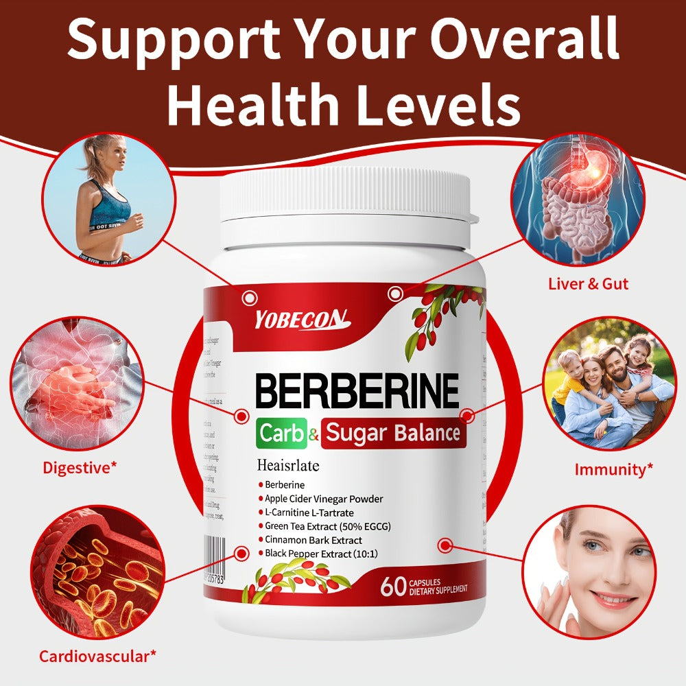 Berberine Capsules with Apple Cider Vinegar, Cinnamon And Green Tea Extract, Supports Healthy Body Shape, Blood Sugar & Digestion, 1Bottle/ 2 Bottles, Suitable for All Ages, 60 Capsules