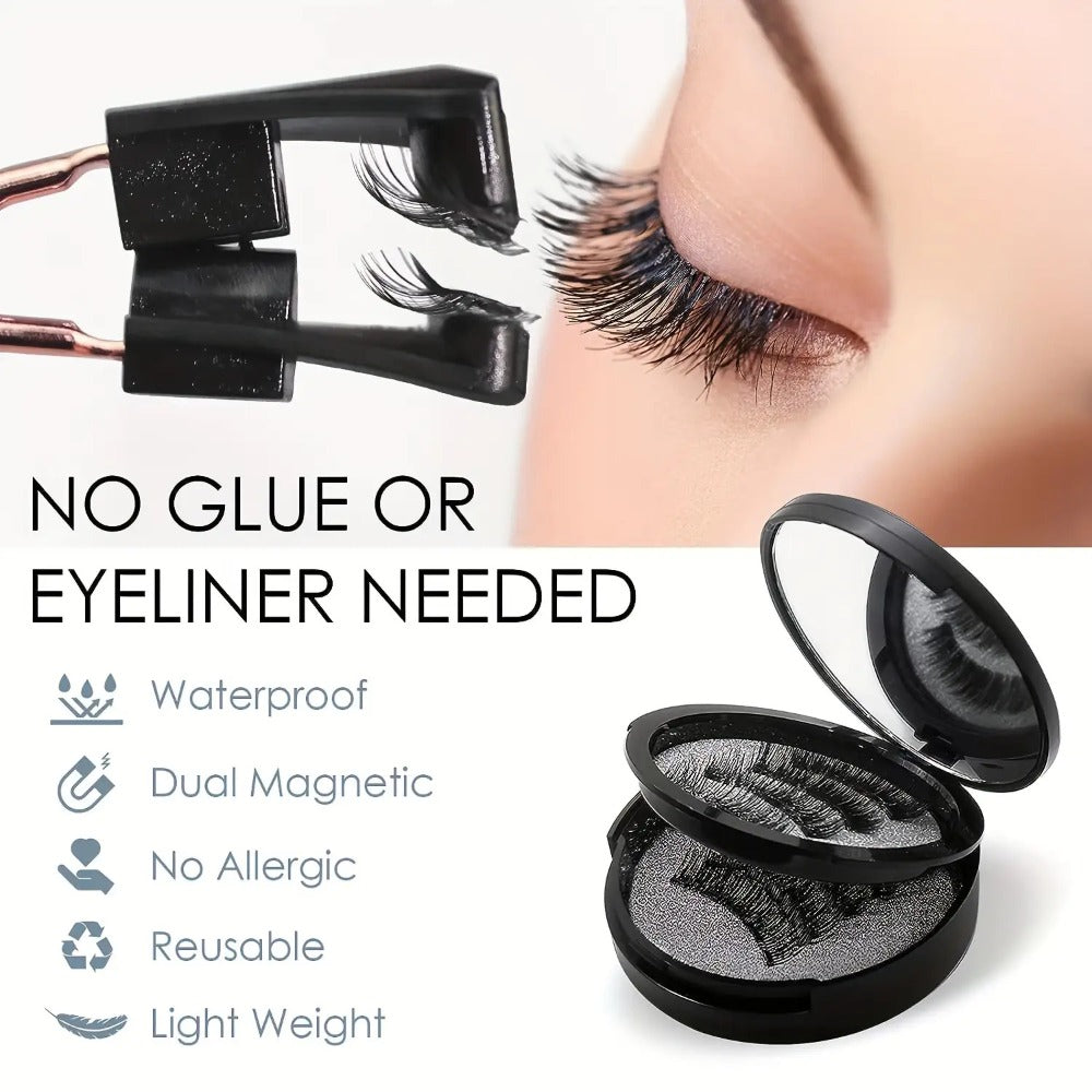 8pcs Natural Glue-3D False Eyelashes(One Box)- Reusable Double Magnetic False Eyelashes Set with Clips, Reusable, Waterproof, Glue, Easy to Wear, Women