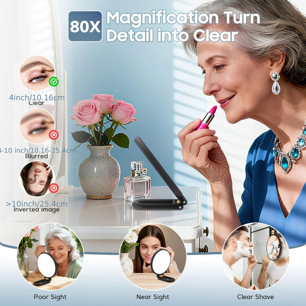 80X Handheld Magnifying Mirror with 1X 80X Magnification, 360° Adjustable Handle Portable Travel Mirror for Makeup Skincare Beard Trimming, Compact Beauty Mirror Gift for Women