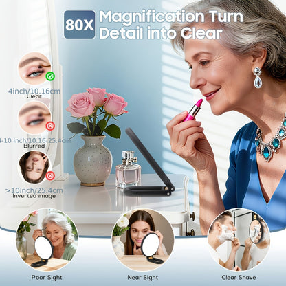80X Handheld Magnifying Mirror with 1X 80X Magnification, 360° Adjustable Handle Portable Travel Mirror for Makeup Skincare Beard Trimming, Compact Beauty Mirror Gift for Women