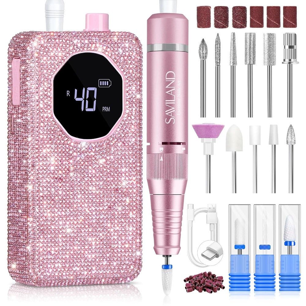 SAVILAND Professional Nail Drill 40000 RPM | Bright Pink Diamond Nail Drill Kit with 4000 mAh Rechargeable Battery, LCD Display, Brushed Motor, Includes Ceramic Nail Drill Bits and Sanding Bands for Salon Use