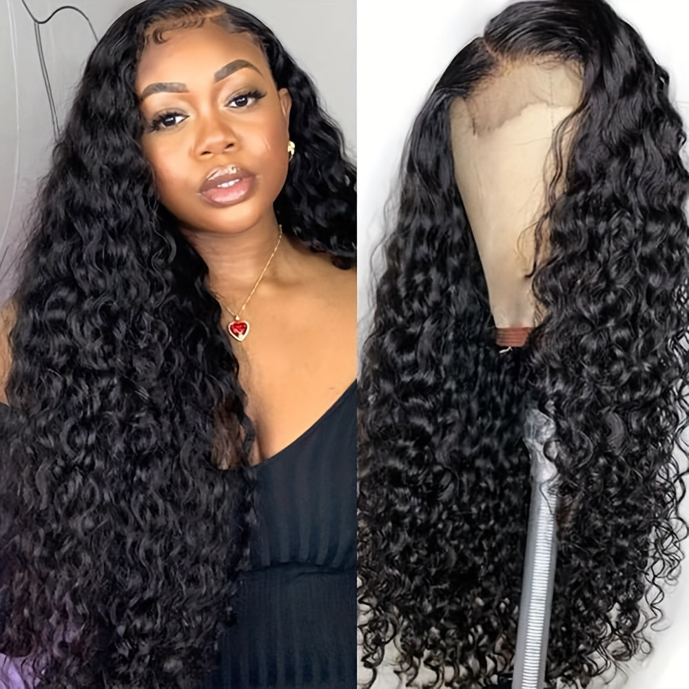 Long Loose Curly Wave Lace Front Wigs Pre Plucked Natural Black Color Glueless 13x4 Free Part Frontal Lace Replacement Wig for Fashion Women Ladies Daily Party Wear Heat Resistant Fiber 24 Inches 180% Density