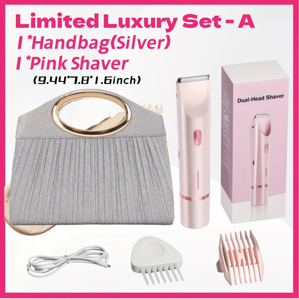 2in 1 Pink Dual Head Bikini Trimmer Women Electric Shaver, IPX7 Waterproof Wet & Dry Use Body Hair Trimmer and Facial Hair Remover for Bikini Underarm Leg Arm Body Face