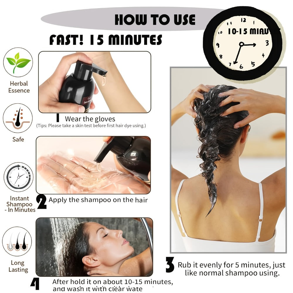Hair Dye Shampoo 16.91oz — 3-in-1 Herbal Formula with Plant Squalane for Instant Gray Coverage, Color & Care | Fluffy & Smooth Finish | Men & Women