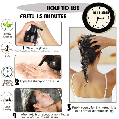 Hair Dye Shampoo 16.91oz — 3-in-1 Herbal Formula with Plant Squalane for Instant Gray Coverage, Color & Care | Fluffy & Smooth Finish | Men & Women
