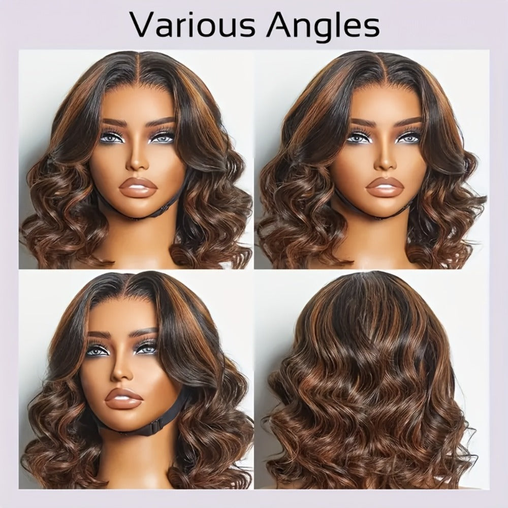 Human Hair Lace Front Wig 200% Density Brown Highlights — Pre-Plucked Glueless Long Wavy Black Brown Highlighted Wig, Heat Friendly 12"-32" Everyday Wear