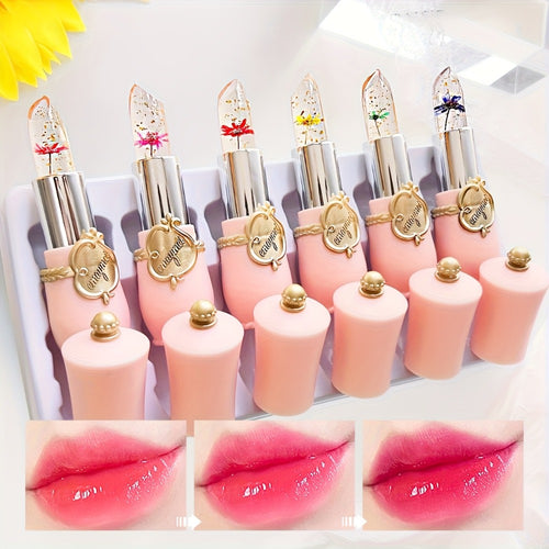 Color Changing Lip Balm 6 Pack — Temperature-Sensitive Jelly Lipstick with Dried Flower Extract, Sheer Moisturizing Clear Gloss, Natural Pink Tint, Long-Lasting Hydration for Women