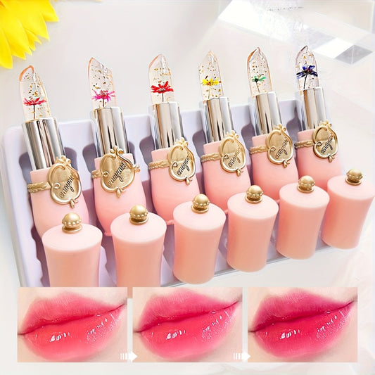 [Hydrating Jelly Lipstick] Emaymei 6pcs Thermal Color-Changing Lip Balm Set - Hydrating Jelly Lipstick with Dried Flower Extract, Sheer Moisturizing & Clear Gloss (Temperature-change)