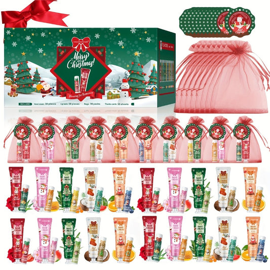 Lip Balm & Hand Cream Bulk Gift Set 120pcs — Moisturizing Natural Finish with Holiday Cards & Red Velvet Bags, Party Favors for Colleagues & Friends