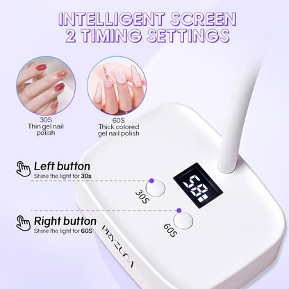 UV LED Nail Lamp Rechargeable Cordless Gel Nail Light Smart Sensor — 360° Gooseneck, LCD Display, 30s/60s Timer, Portable Type-C, Cures All Gel Nails, Salon & Home Use, White