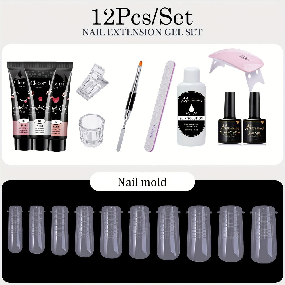 12pcs Polyester Stretch Gel Manicure Set, Polyester with Mini Nail Light, Bicolor, Synovial Fluid Base Coat Polyester Gel Finger Kit Base Coat Polyester Gel Finger Sleeve