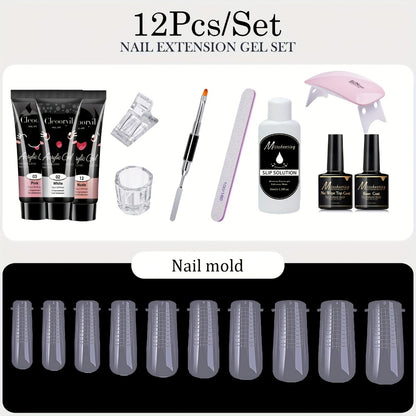 Poly Gel Nail Extension Kit 12pcs — Polygel Stretch Gel Manicure Set with Mini LED Nail Lamp, Bicolor Synovial Base Coat & Finger Sleeves | Complete Nail Builder Kit