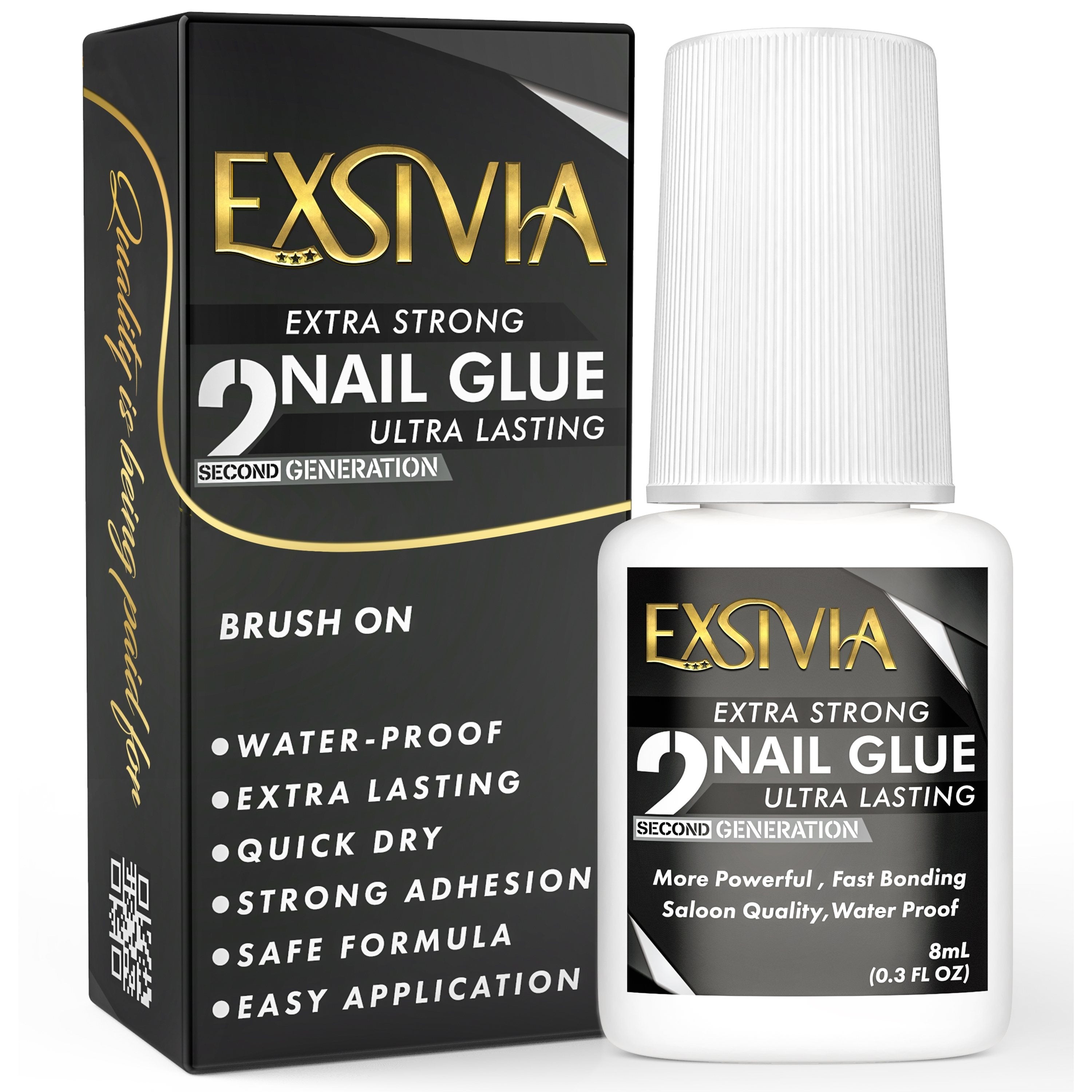 Super Strong Nail Glue for Press On Nails, Acrylic Nails & Nail Tips Exsivia 2nd Gen NailBond for Fake Nails, Extra Strength,Long Lasting, Brush on Adhesive, No Dehydrator or Primer Needed