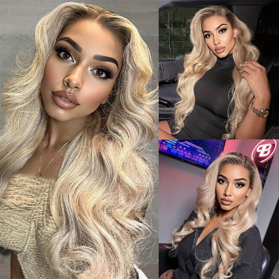 Ombre Blonde Lace Front Synthetic Wigs, Long Wavy 200% Density Pre Plucked Glueless Wigs with Hairline, 13x4 HD Transparent Lace Front, Body Wave for Women, Grey Blue, Daily Wear Christmas Halloween Party Wig, 4/27