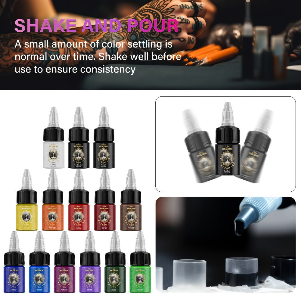 Tattoo Ink Set 14 & 21 Colors 0.5oz Per Bottle — Vibrant Long-Lasting Pigment Kit for All Tattoo Styles, Body Art & Permanent Makeup, Beginners & Professional Artists