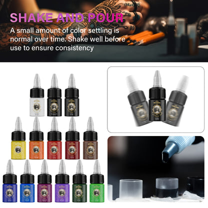 Tattoo Ink Set 14 & 21 Colors 0.5oz Per Bottle — Vibrant Long-Lasting Pigment Kit for All Tattoo Styles, Body Art & Permanent Makeup, Beginners & Professional Artists