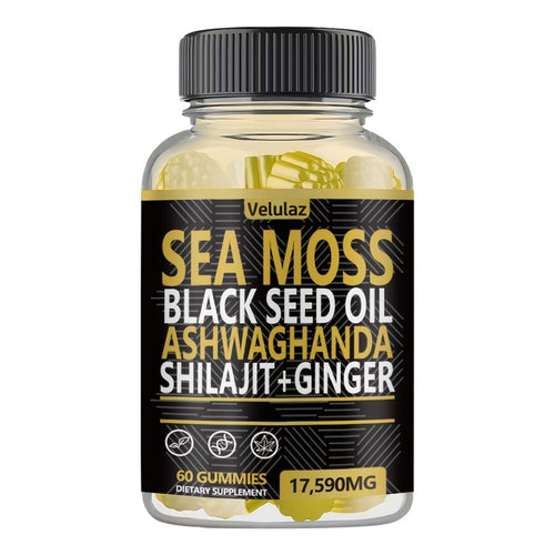 Sea Moss Gummies 10-in-1 Superfood Blend 60 Count - Black Seed Oil Ashwagandha Shilajit Elderberry Turmeric Bladderwrack Ginger Chlorophyll 17590mg - Daily Wellness Supplement