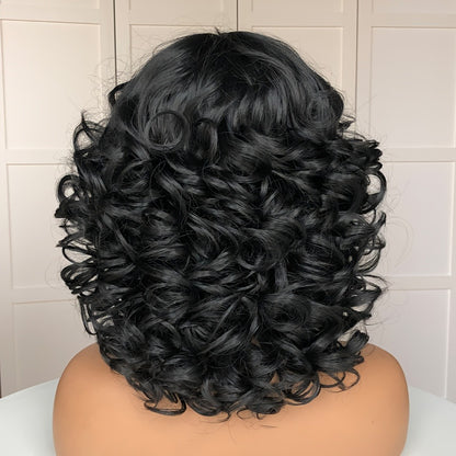 Short Curly Wig with Bangs Jerry Curl Synthetic Lace Front Wig 14 Inch Heat Resistant 13x1 Lace Wig for Women Daily Wear Cosplay Dark Brown Copper Red Dark Wine