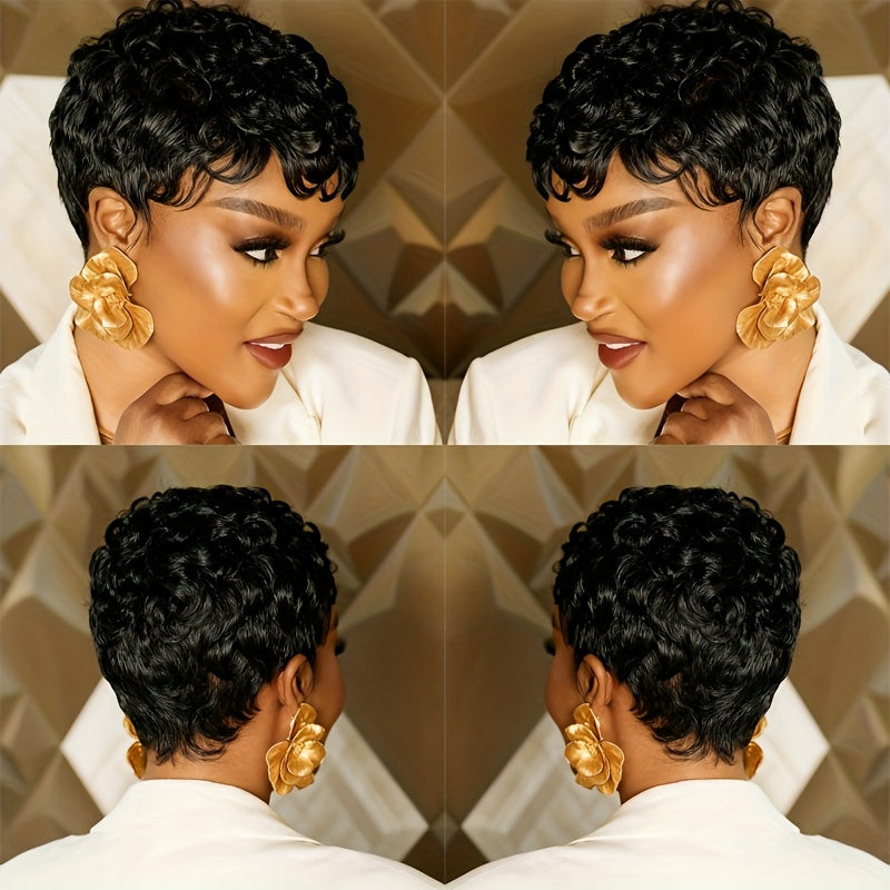 Brazilian Remy Human Hair Wig - Short Curly Pixie Cut with Bangs, 180% Density Glueless Natural Black Bob Wig, Layered Loose Curly Hairpiece for Caucasian/Black/African Descent, Machine-Made for Comfortable Daily Wear & Low