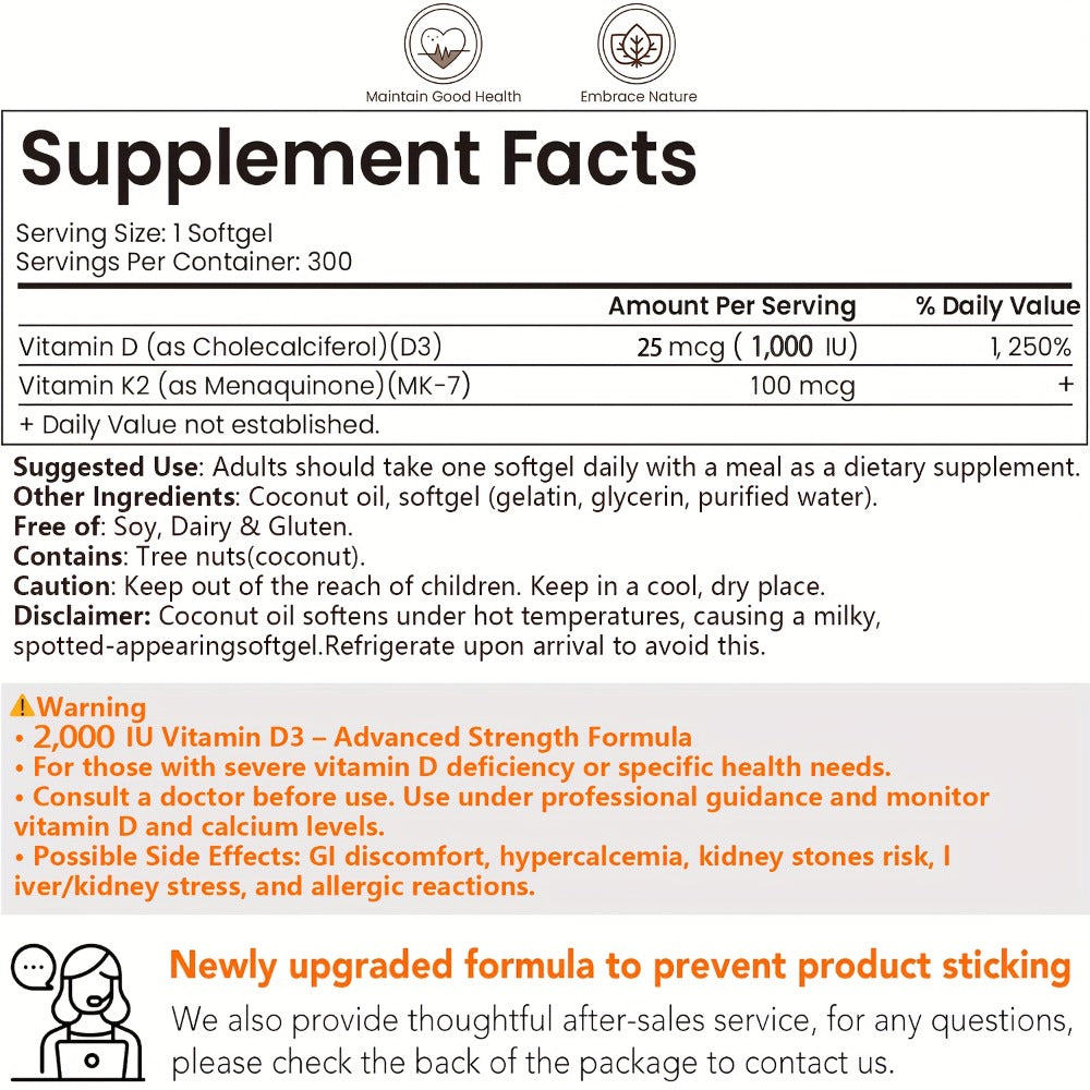 Vitamin D3 + K2 (MK-7) Supplement -1, 000 IU D3 & 100 Mcg K2 -with Coconut Oil -300 Softgels -Immune & Bone Support -for Active Lifestyles & Daily Wellness | Vitamins And Supplements | Local Warehouse, Free Shipping On Orders Over $30