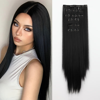 Clip In Hair Extensions 6 Pieces 16 Clips 24 Inch — Heat Resistant Synthetic Hairpiece for Volume & Length, Natural Black & Mixed Colors, Easy DIY for Women All Occasions