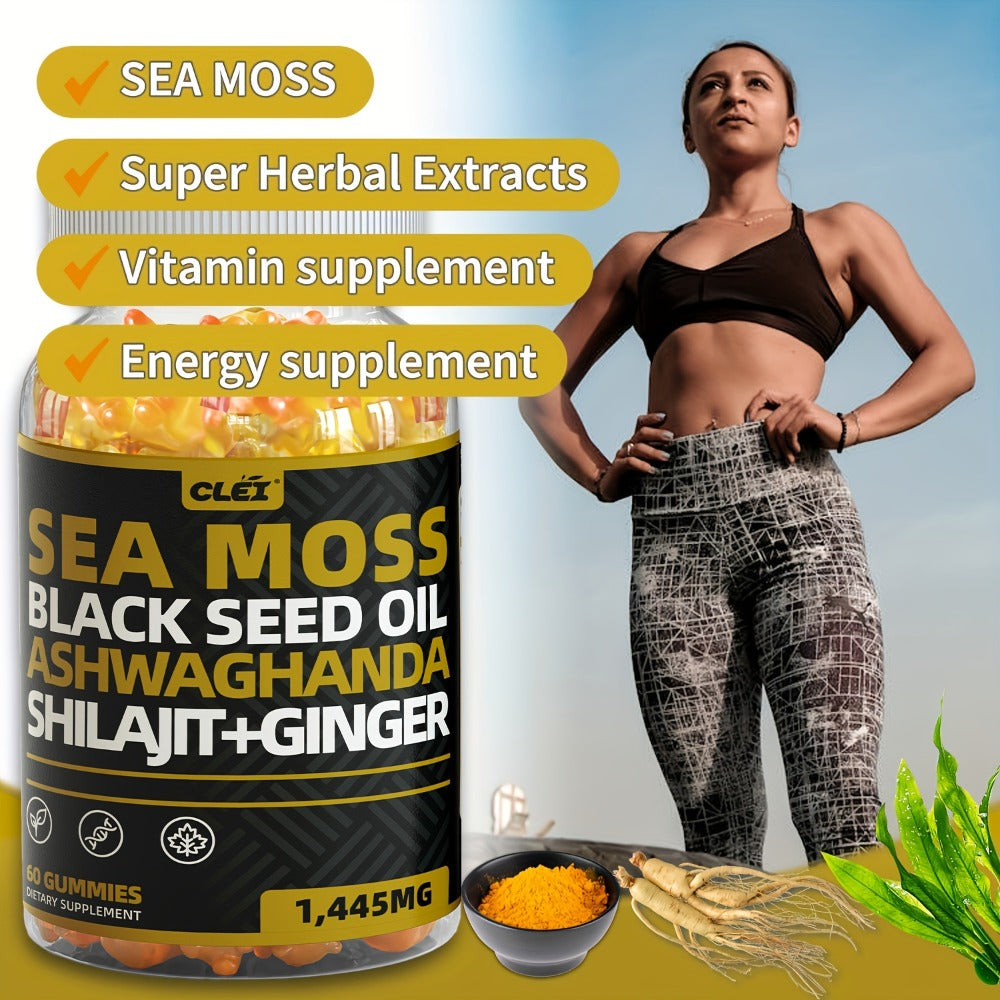 Sea Moss, Black Seed Oil, Ashwagandha, Ginger, Shila Gummies with Elderberry, Chlorophyll, Turmeric, Bladderwrack 1445mg, 60 Gummies | 1/2/3 Bottle