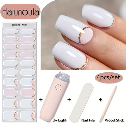 Semi Cured Gel Nail Strips Kit — 20 Strips with Handheld LED Nail Lamp, Gel Nail Stickers Wraps for DIY Nail Art Manicure at Home, Glitter Flower Designs, Easy Apply & Long-Lasting Gel Polish Effect