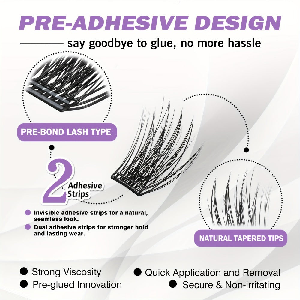 Self Adhesive Eyelashes, 156pcs Self Adhesive Eyelash Clusters, No Glue Needed, Invisible 2-Strip Tape - Longer Lasting, No Sticky Residue Pre Glued Eyelashes (Volume-Mixed)