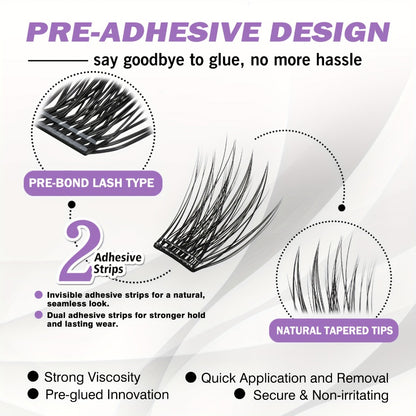 Pre-Glued Eyelash Clusters 156 Pcs — Invisible 2-Strip Tape Self Adhesive Lashes, No Glue Needed No Sticky Residue, Volume Mixed Longer-Lasting DIY Cluster Lash Extensions for Women