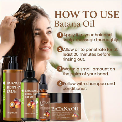 Batana Hair Oil 4-Piece Set – Honduran Cold-Pressed Oil, Hair Cream & Milk with Biotin for Scalp Care, Hair Growth & Breakage Prevention, All Hair Types