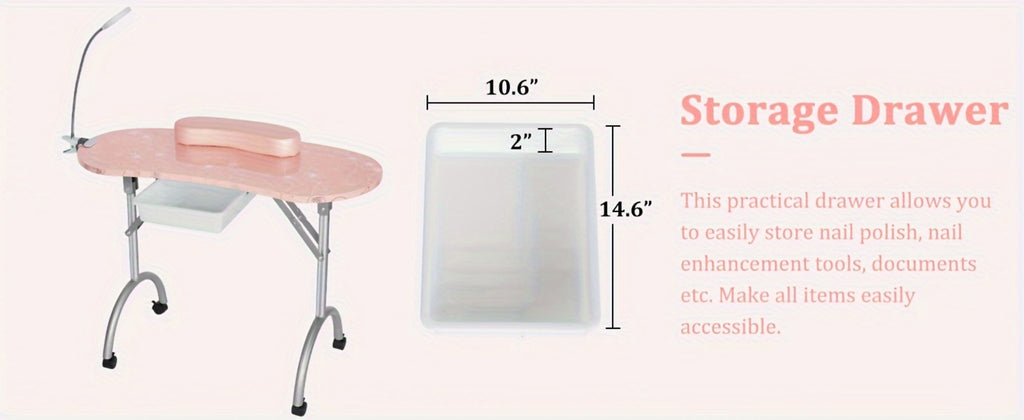 Foldable Nail Table for Manicures, Featuring a Drawer, LED Lamp, Four Lockable Wheels, And a Carrying Bag, Designed for with a Wrist Cushion