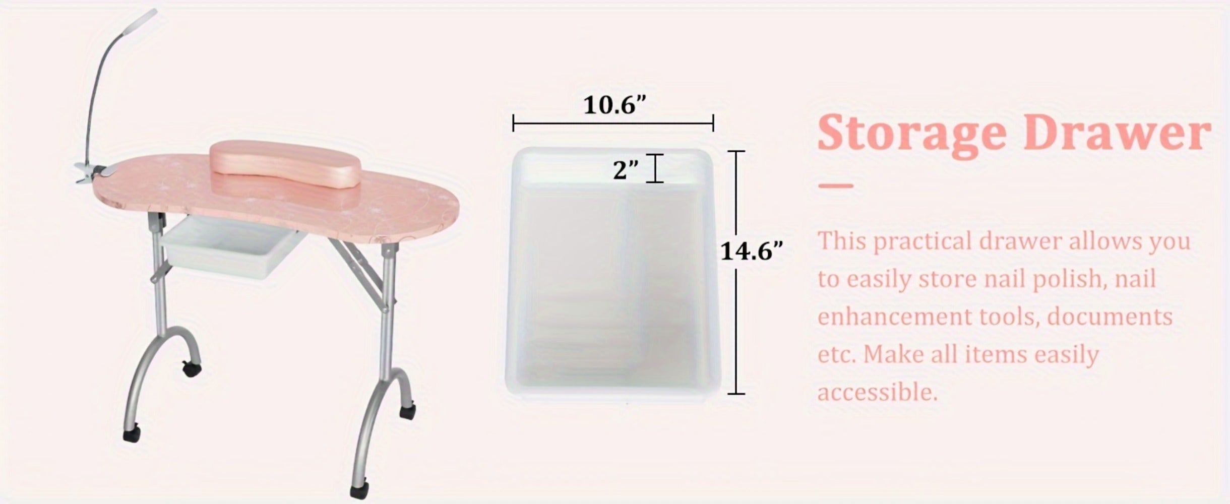 Foldable Nail Table for Manicures, Featuring a Drawer, LED Lamp, Four Lockable Wheels, And a Carrying Bag, Designed for with a Wrist Cushion