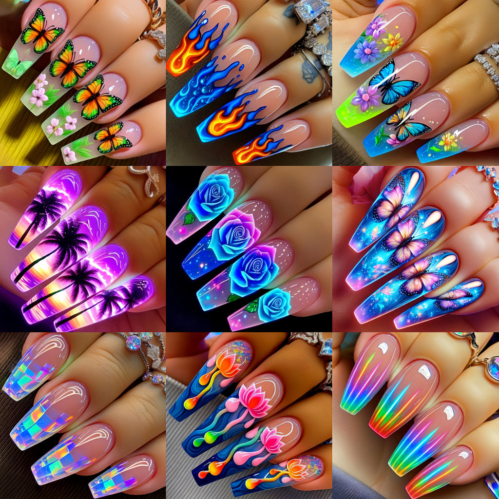 A Set of 216 Press-On Fake Nails, Featuring a Combination of Nail Art Stickers for The New Year. This Spring And Summer Collection Includes Floral And Butterfly Designs, with a Shiny, Colorful Mix of Removable Nail Stickers in a Box. The Medium-Lengt