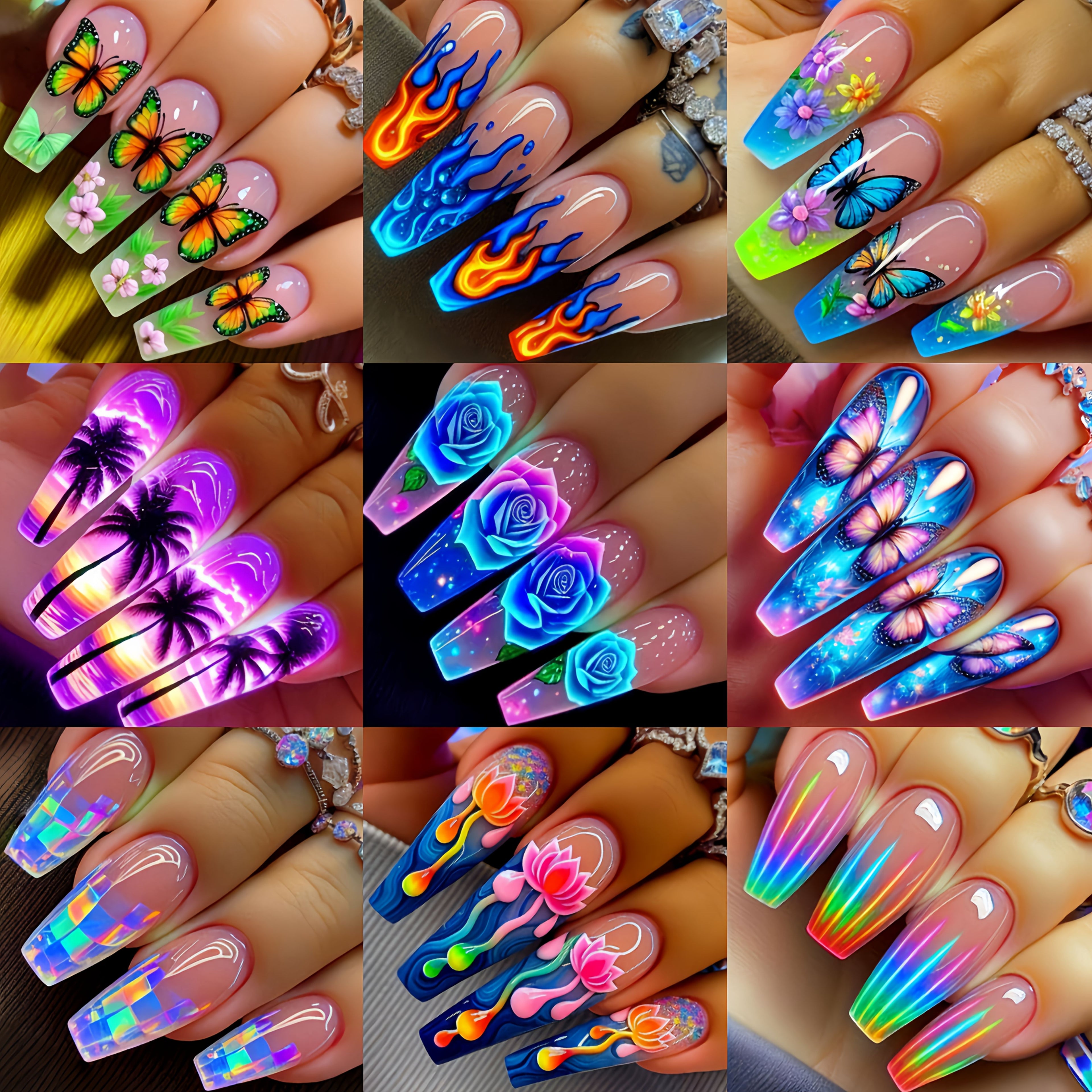 A Set of 216 Press-On Fake Nails, Featuring a Combination of Nail Art Stickers for The New Year. This Spring And Summer Collection Includes Floral And Butterfly Designs, with a Shiny, Colorful Mix of Removable Nail Stickers in a Box. The Medium-Lengt