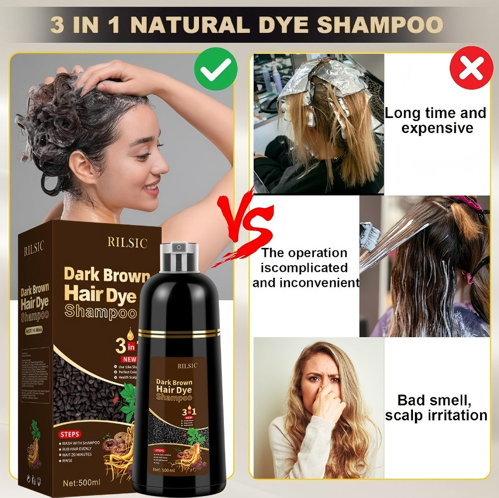 Hair Dye Shampoo for Grey Hair 3-in-1 Natural Plant-Based Herbal Formula Non-Stick Scalp Covers White Hair Colors in Minutes 500ml Black Dark Brown Chestnut