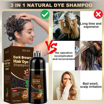Hair Dye Shampoo for Grey Hair 3-in-1 Natural Plant-Based Herbal Formula Non-Stick Scalp Covers White Hair Colors in Minutes 500ml Black Dark Brown Chestnut